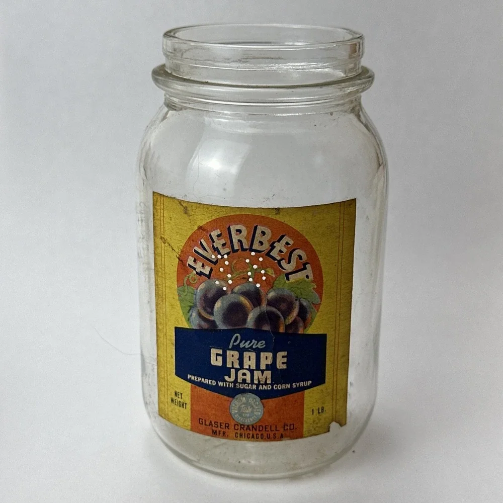 Vintage Everbest Pure Grape Jam Jar Glass 1lb Empty No Lid Glaser Crandell Co